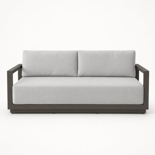 Outdoor Couch Elementi Newport Patio Sofa, 3 Seat Aluminum Outdoor Furniture Sofa with Sunbrella Canvas Granite 5402 and Cast Slate 40434 Cushions, Urbane Bronze, 82.3 x 30.3 x 24 in