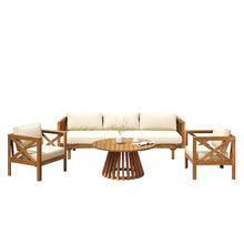 Merax Outdoor 4-Piece Acacia Wood Conversation Set - Patio 3-Seat Loveseat Sofa Daybed with Cushion, 2 Armchair and Round Coffee Table for Backyard, Lawn, Balcony, Teak + Beige