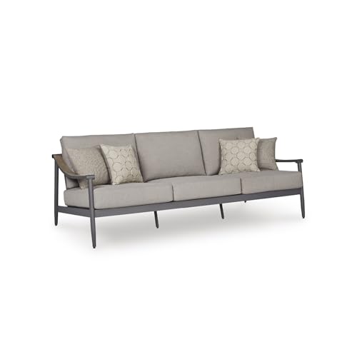 Signature Design by Ashley North Island Modern Nuvella Weather Resistant Outdoor Sofa with Cushion, Sloped Arms and 4 Accent Pillows, Gray
