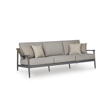 Signature Design by Ashley North Island Modern Nuvella Weather Resistant Outdoor Sofa with Cushion, Sloped Arms and 4 Accent Pillows, Gray