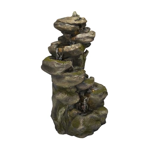 Alpine Corporation WIN1008 Indoor/Outdoor Floor Aged Stone Fountain with LED Lights, Cascading Stone Water Fountain 39", Gray