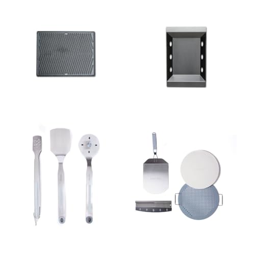 Mont Alpi Chef's Kit Accessory Bundle for Outdoor Kitchen Island - Dual-Sided Griddle Plate/Charcoal Basket Tray/Pizza Kit with Pizza Peel and Stone/Lockable Tongs/Solid Spatula/Grill Brush