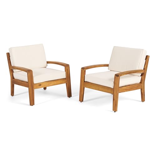 Christopher Knight Home Outdoor Acacia Wood Club Chairs with Cushions Set of 2 Teak Beige