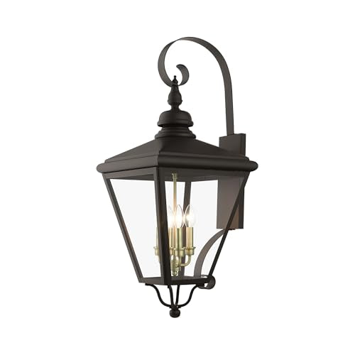 Livex Lighting, 27374-07, Adams Collection, 4 Light Bronze Outdoor Extra Large Wall Lantern with Antique Brass Finish Cluster