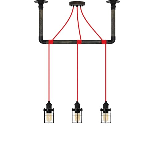 Industrial Red and Black Cage Pendant Light Wrap with Ebony Black Wood Ceiling Bracket - Hangout Lighting - 3 Pendants
