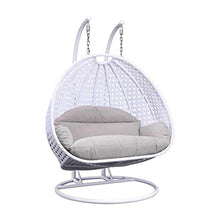 LeisureMod 2 Person Hanging Double Swing Chair, X-Large White Wicker Rattan Egg Chair with Stand and Cushion for Indoor Outdoor Patio Garden, Taupe