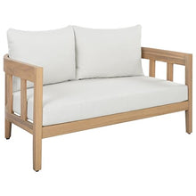 SAFAVIEH Outdoor - Owen Bench + Table Set - Oak Solid Wood & Ivory Cushion - Weather Resistant - Ideal for Patio, Deck, Backyard (PAT7086B)
