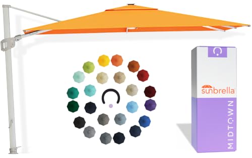 Midtown Umbrellas 10x10 Ft Outdoor Cantilever Patio Umbrella w/Sunbrella Terracotta Fabric - Tilt 360° Rotate Offset Patio, Deck Patio, Backyard & Garden - Silver Frame