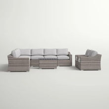 Homyee 10-piece Conversation Set with Grey Cushions for Backyard, Lawn, Outdoor Wicker Furniture Set with Sturdy Aluminum Frame and Slatted Square Coffee Table for Poolside