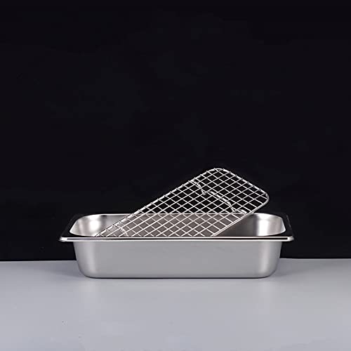 Mesh Net BBQ Net Stainless Steel Basin Oil Rack Filter Rectangular Plate Frying Basket Baking Shaker Tub Strainer Tray (Size : 1-2 mesh n pan H9.9cm) (1)