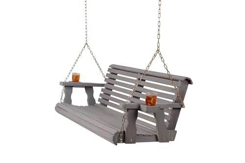 Amish Casual Heavy Duty 700 Lb Capacity Porch Swing with Cup Holders (4 Foot, Semi-Solid Grey Stain) – Wooden Outdoor Roll Back Swing with Hanging Chains – Amish Made in the USA