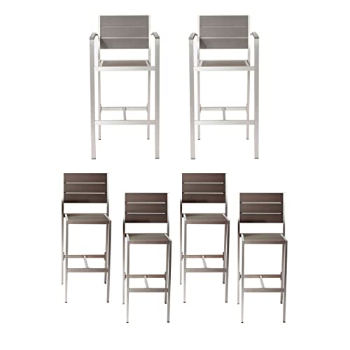 Benzara Kylo 18 Inch 6 Piece Bar Armchairs and Side Chairs, Aluminum, Gray, Brown