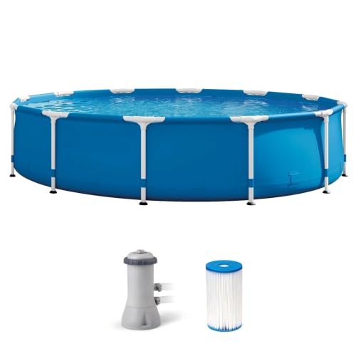12ft x 30in Metal Frame Round Above Ground Swimming Pool with Pump, Blue