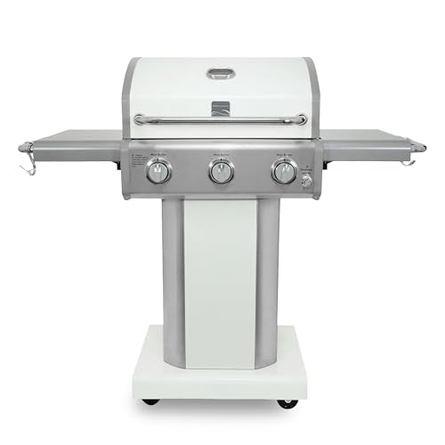Kenmore 3-Burner Outdoor BBQ Grill | Liquid Propane Barbecue Gas Grill with Folding Sides, PG-A4030400LD-PE, Pedestal Grill with Wheels, 30000 BTU, Pearl White