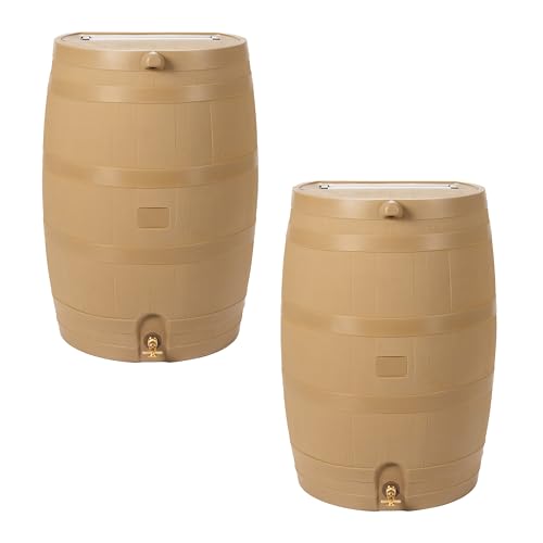 RTS Home Accents 50-Gallon Rain Barrel, Flat Back Rain Water Collection Barrel, Link Kit Included, Oak Color (2 Pack)