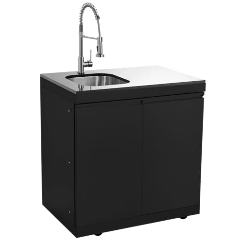 Outdoor Sink Cabinet with Pull Down Faucet,304 Stainless Steel Double Door Island,Galaxy Granite Countertop,Drainer Basin,Wheels,Adjustable Legs,Hot Cold Water Prep Station for Patio Kitchen (Black)
