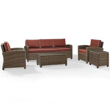 Pemberly Row 5 Piece Wicker Patio Sofa Set, Brown Finish with Sangria Cushions, Steel Frame, All-Weather Resin Wicker, Includes Sofa, 2 Chairs, Coffee Table, Side Table, UV Resistant Outdoor