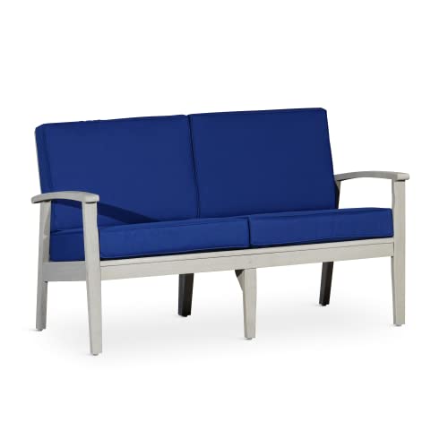 Kaimei Eucalyptus Loveseat for Patio, Deck or Backyard, Deep Seating with Cushions, Driftwood Gray Finish and Navy Cushions
