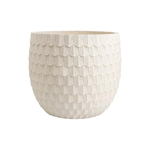 Beige Feather Sculpture Pattern Flower Pot, Magnesium Clay Round Plant Pots with Big Belly for Indoor and Outdoor Green Flower and Plant Container