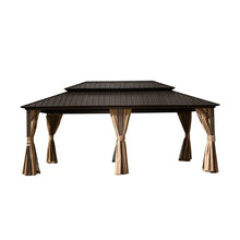 LOPOO Hardtop Gazebo Aluminum Pavilion with Double Roof Canopy, Curtains & Netting Brown