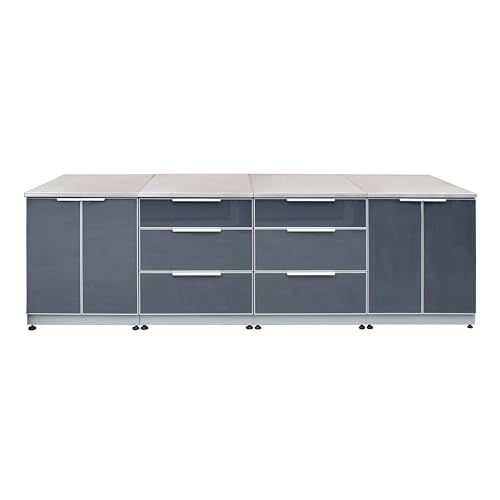 Blue Sky Outdoor Living 4-Piece Modular Outdoor Kitchen Combo Set - Weather-Resistant Stainless Steel and Tempered Glass - Includes 2 3-Drawer Cabinets, 2 2-Door Cabinets, and 4 Stainless Countertops