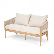 Christopher Knight Home Katarina Patio Acacia Wood Loveseat Furniture, Outdoor Loveseat Sofa with Comfy Fabric Cushions, 2-Seater Sofa with Handwoven Rope Backrest for Garden, Light Brown+Beige