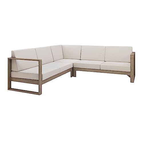 Linon Silas Natural Eucalyptus Outdoor Three Piece Sectional Sofa with Removable Weather Resistant Beige Cushions
