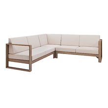 Linon Silas Natural Eucalyptus Outdoor Three Piece Sectional Sofa with Removable Weather Resistant Beige Cushions