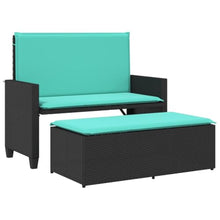 KGTKGTYER Patio Bench with Cushions and Footstool, 2-in-1 Outdoor Loveseat Sofa Bed, PE Rattan Garden Furniture Set, Black