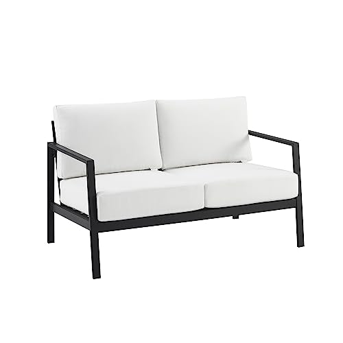Linon Greyton Aluminum Frame Outdoor Loveseat with Removable Cushions Black & White
