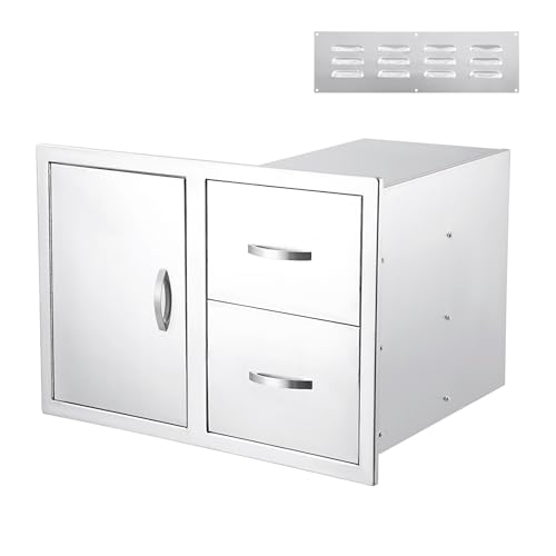 Stainless Steel Outdoor Kitchen Drawer & Door Combo - 33W x 22D x 22H Inch Flush Mount BBQ Island Enclosed Storage Cabinet - Left Double Drawers and Right Access Door with Air Vent Louvers Panel