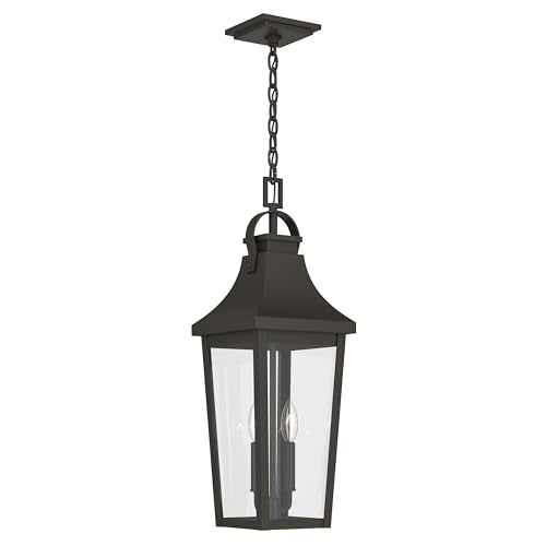 Kichler 24.75 Inch Cleary 2 Light Outdoor Modern Traditional Pendant Light, with Clear Glass in Olde Bronze, Waterproof Aluminum, (24.75" H x 8.5" W), 59198OZ