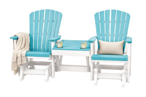 DutchCrafters Slat Fan Back Double Poly Adirondack Glider Outdoor Patio Chairs with Center Table (White & Aruba Blue)