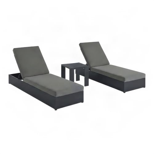 Outdoor Escape Powder-Coated Aluminum Chaise Lounges and Table 3 Piece Set, Pool Lounge Chairs Patio Lounger Poolside Sun Lounger for Outside, Gray Charcoal