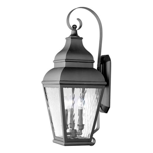 Beaumont Lane Outdoor Wall Lantern, 29 in H x 10 in W, Black Finish, Clear Water Glass, 3-Light Exterior Fixture for Home Outdoor Lighting