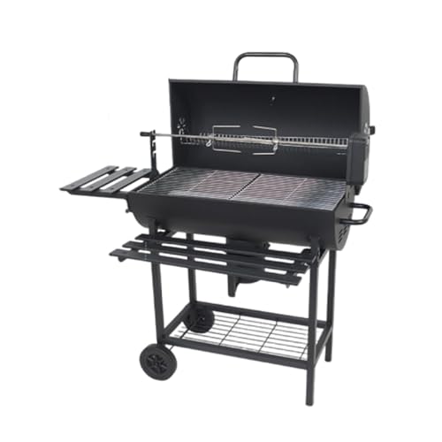 Charcoal Grill Barrel Style BBQ with Thermometer, Chrome-Plated Grates, Ash Catcher, Mobile Cart & Large Wooden Shelves for Outdoor Cooking