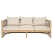 Christopher Knight Home Nadek Acacia Wood Outdoor 3 Seater Sofa with Cusion, Solid Wood Patio Sofa with Woven Rope Accents, Comfy Lounge Sofa for Patio Furniture Set, Light Teak+Beige