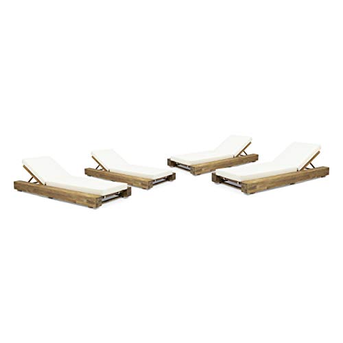 GDFStudio Outdoor Acacia Wood Chaise Lounge and Cushion Sets (Set of 4), and Cream