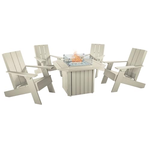 Oasis 5-Piece Conversation Set with Fire Pit Table, 4 Italica Modern Adirondack Chairs and 40” Fire Pit Table with Glass Wind Guard and Rain Cover, Whitewash