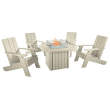 Oasis 5-Piece Conversation Set with Fire Pit Table, 4 Italica Modern Adirondack Chairs and 40” Fire Pit Table with Glass Wind Guard and Rain Cover, Whitewash