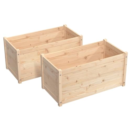 Makastle Raised Garden Planter Box Outdoor 39.4" x 19.7" x 19.7" Brown Solid Pine Weather Resistant Modern Rectangular Floor Standing, 2 Pack