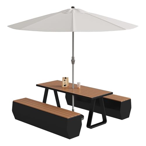 MJJRWF Outdoor Table and Chair Set with Sun Umbrella, WPC Table with 2 Benches for Coffee Shop/Restaurant/Backyard – Family Dining Patio Furniture(Black,120x70x75cm)
