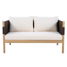 Outdoor Acacia Wood Loveseat with Handwoven Diamond Rope Weave and Cushions, Light Teak Finish Patio Sofa with Black Rope Panels and Cream Fabric for Garden, Balcony, Terrace and Outdoor Lounge