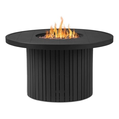 Real Flame Calvin 44in Round Propane Fire Pit Table, 50,000 BTU, Hidden Tank Storage, Aluminum, Push-Button Ignition, Lava Rock, Storage Cover, Stainless Steel Burner with Lid (Black Coral)