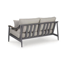 Signature Design by Ashley North Island Outdoor Loveseat, Powder-Coated Aluminum Frame, UV-Resistant Nuvella Fabric Cushions, Contemporary Porch and Patio Seating, Gray/Wood Tones