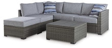 Signature Design by Ashley Petal Road Casual Weather Resistant Outdoor Loveseat Sectional Set with Ottoman, Table & 2 Throw Pillows Grey