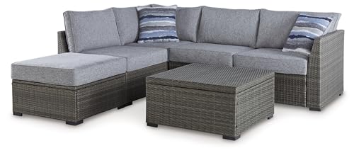 Signature Design by Ashley Petal Road Casual Weather Resistant Outdoor Loveseat Sectional Set with Ottoman, Table & 2 Throw Pillows Grey