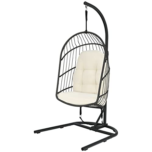 YWMLFZ Hanging Wicker Egg Chair w/Stand Cushion Foldable Outdoor Indoor Beige/Gray(E)