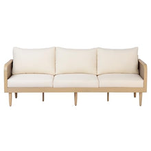 Christopher Knight Home Nellie Acacia Wood Outdoor 3 Seater Sofa with Cushions, Solid Wood Patio Sofa with Rattan-Woven Armrests, Comfy Lounge Sofa for Patio Furniture Set,Light Teak+Light Brown+Cream