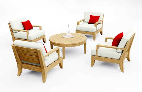 WholesaleTeak Teak Wood 5 Pc Lounge Chair Set: 4 Lounge Chairs & Round Coffee Table with Cushions in Outdoor Fabric #5404 Canvas Natural